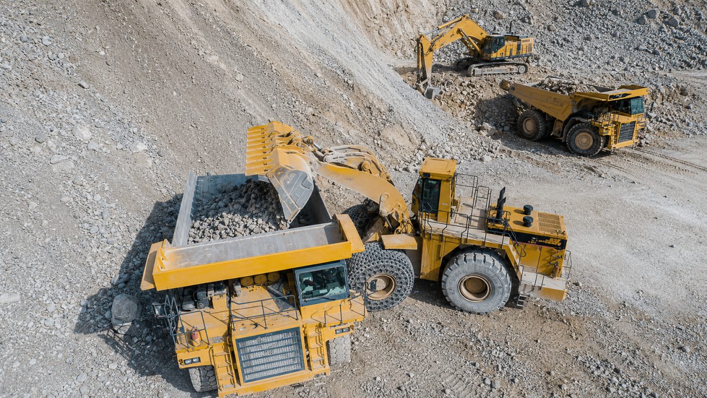 Wheel loader charging a rigid haul truck, with an excavator and second truck working the bench behind.