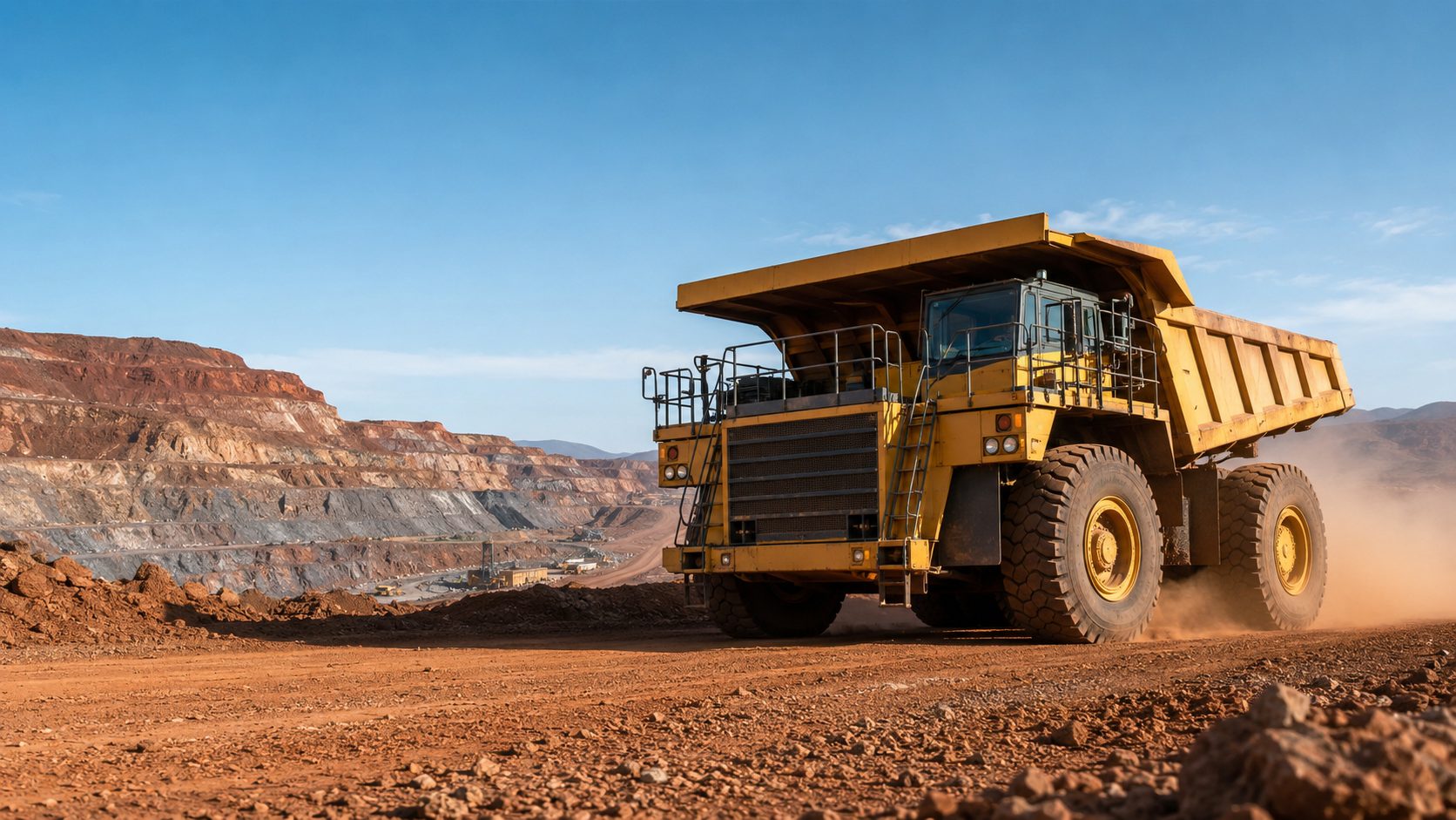 Loaded rigid haul truck hauling ore along a haul road above an open-pit mine.