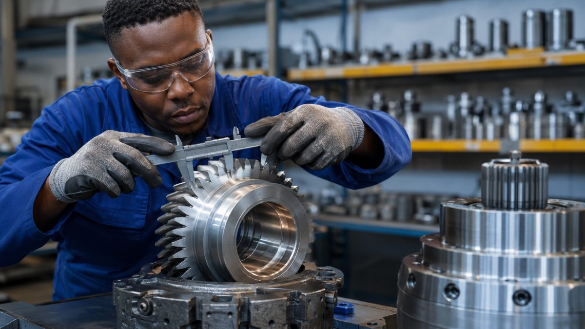 Engineer measuring a helical gear with vernier callipers at a workshop bench.