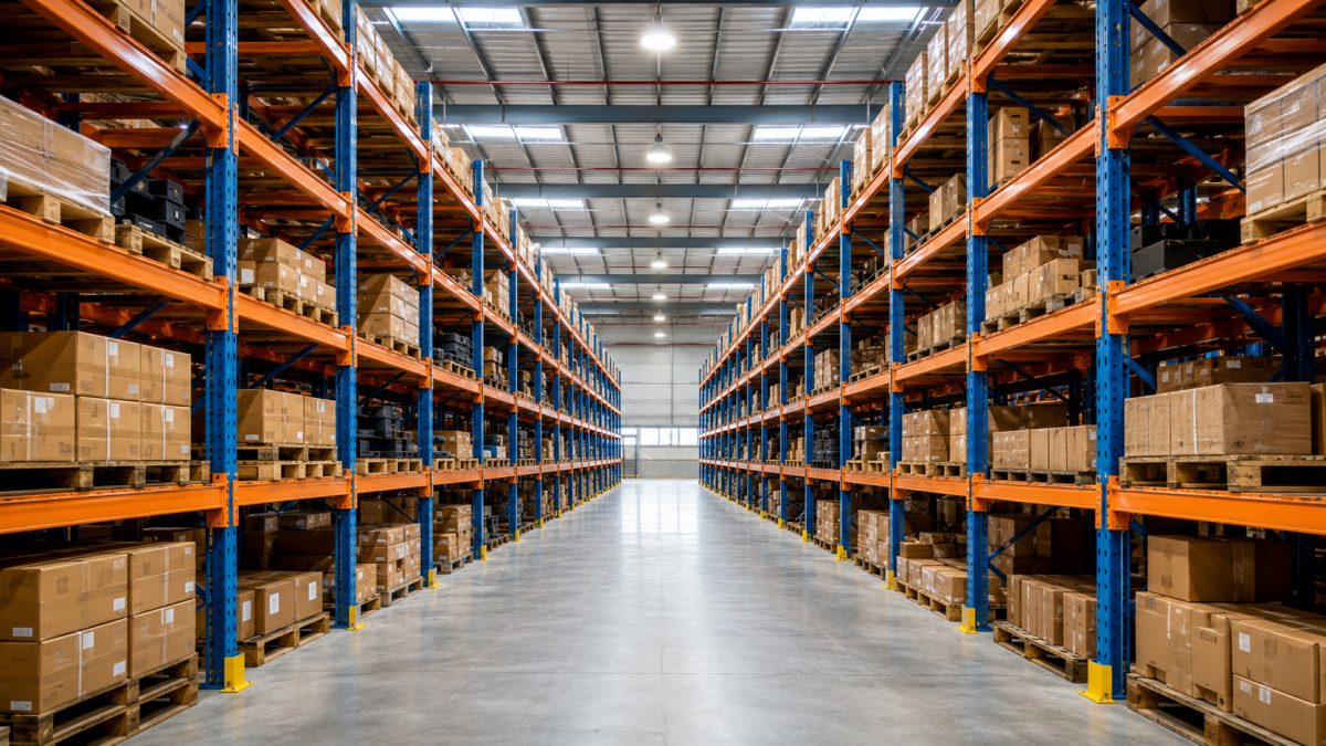 Racked parts warehouse with palletised stock stacked several levels high along the aisle.