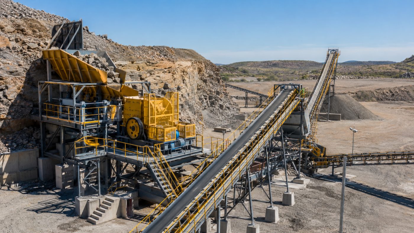 Crushing plant and overland conveyors installed against a quarry face.
