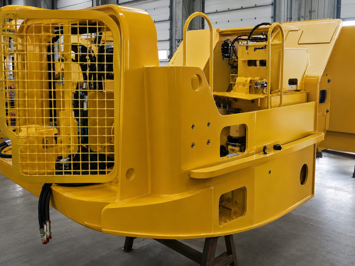 Rebuilt machine chassis, repainted and rehosed, standing on trestles in the workshop.