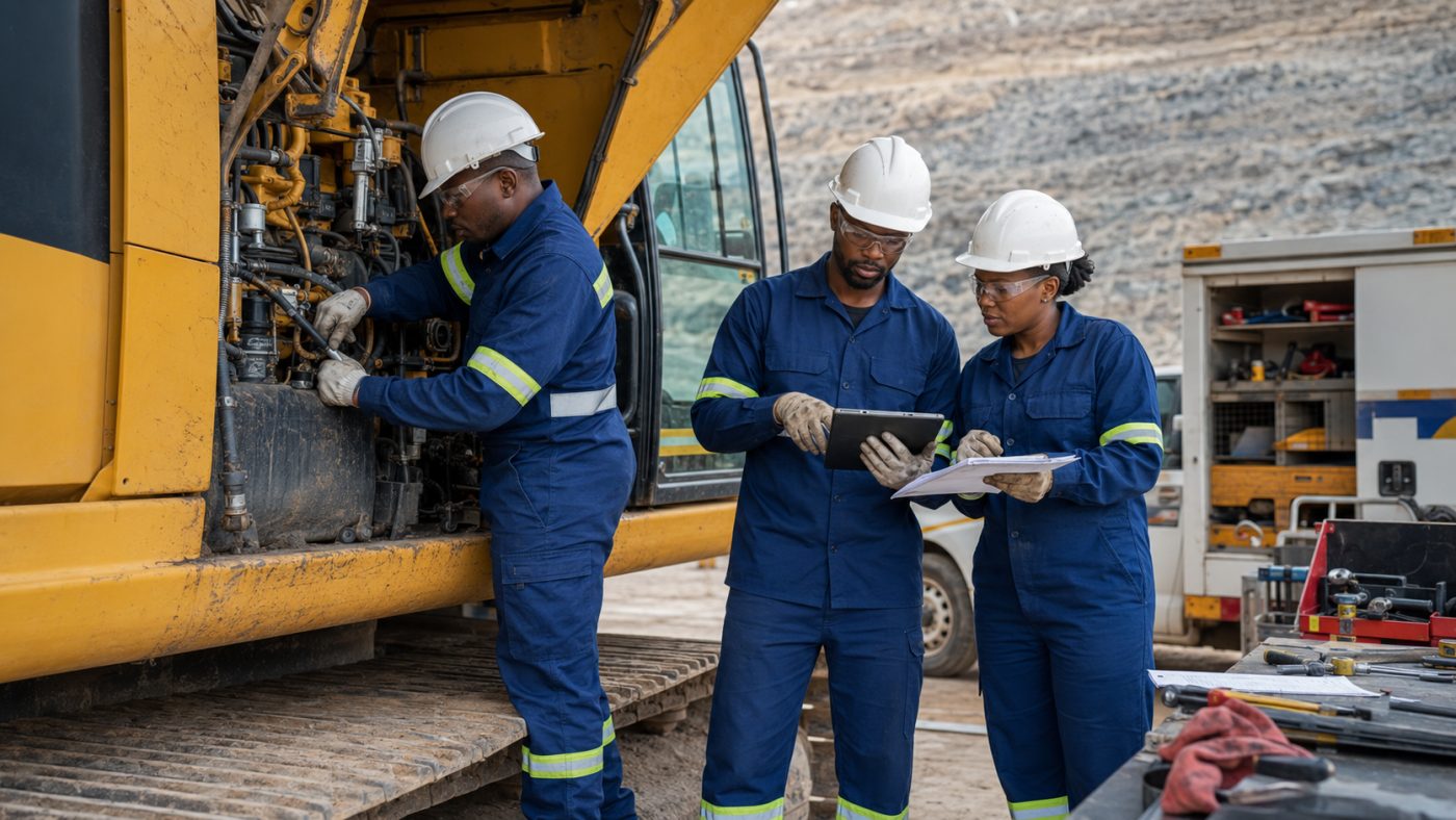 Maintenance crew servicing an excavator on site, working through the job on a tablet and checklist beside the service vehicle.